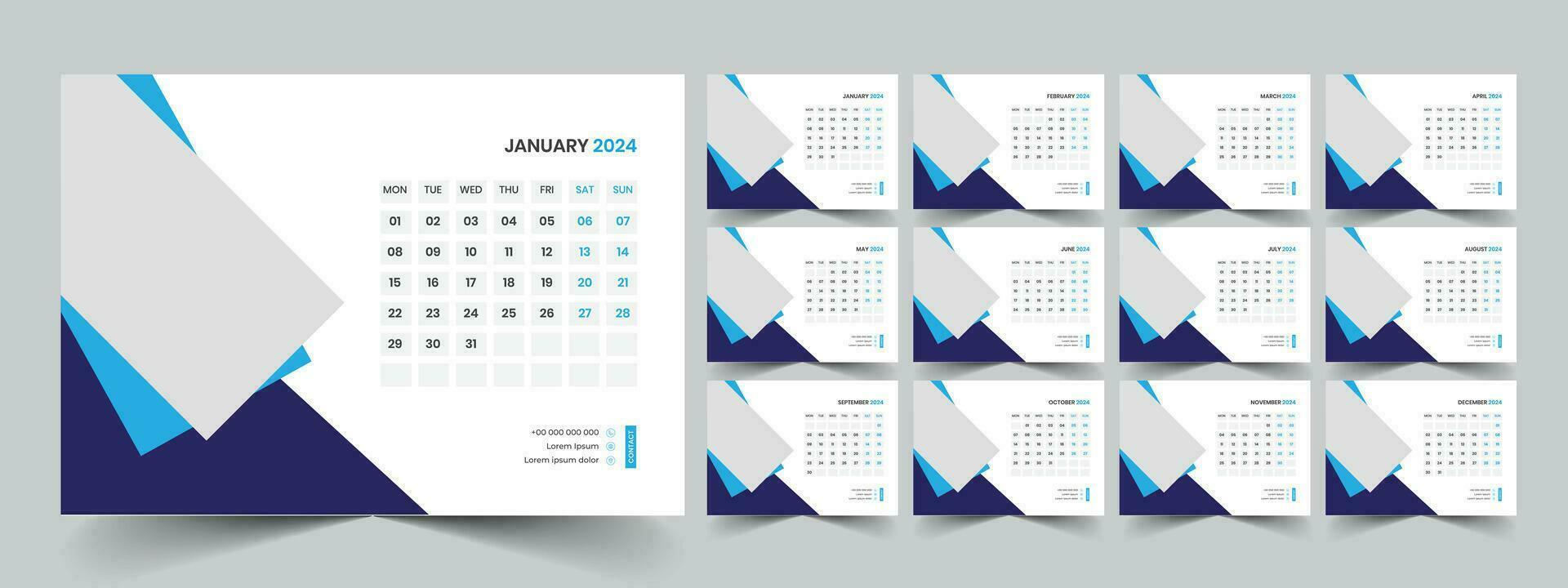 calendario 2024 planificador corporativo modelo diseño colocar. semana empieza en lunes. modelo para anual calendario 2024 vector