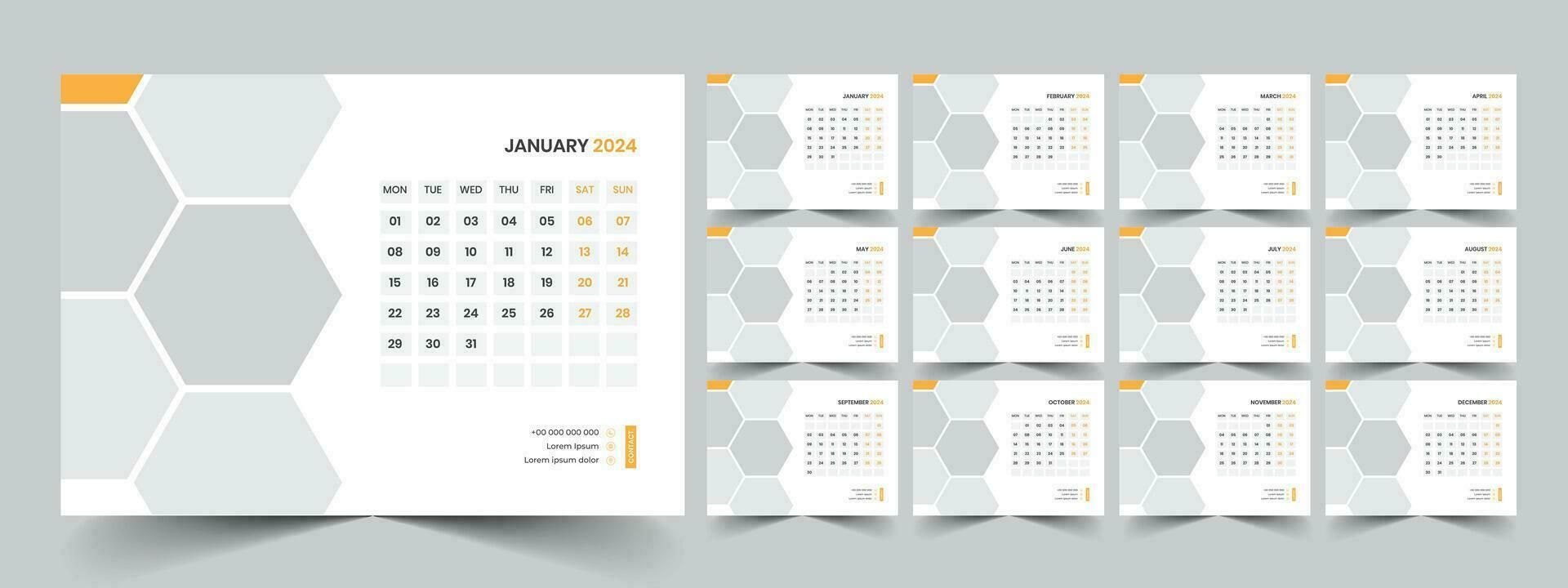 Calendar 2024 planner corporate template design set. Week starts on Monday. template for annual calendar 2024 vector