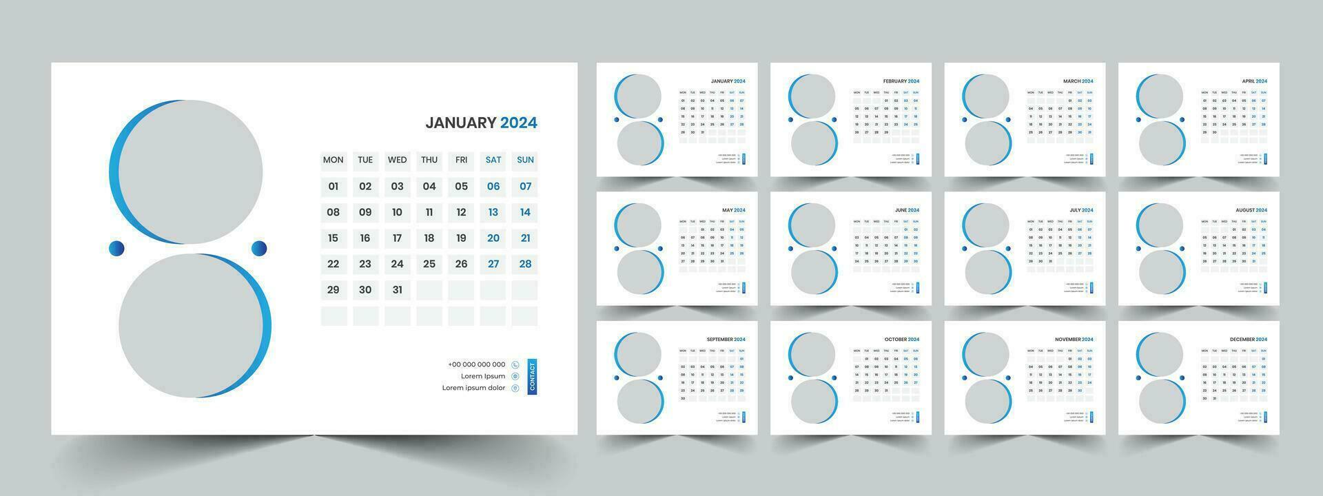 calendario 2024 planificador corporativo modelo diseño colocar. semana empieza en lunes. modelo para anual calendario 2024 vector