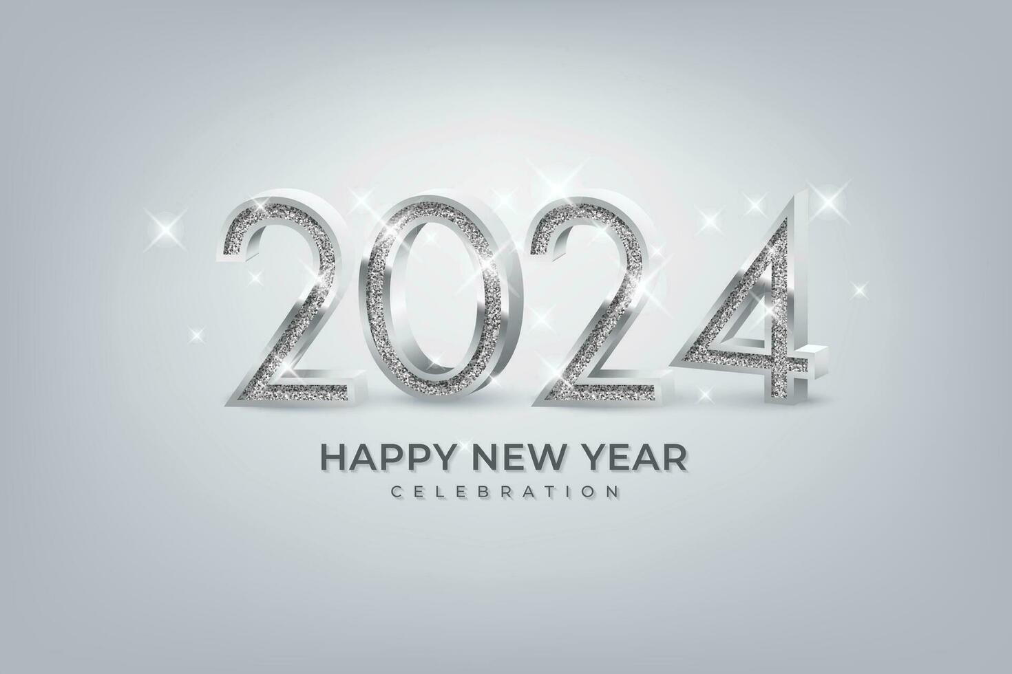 Celebrating Happy New Year 2024. With silver glitter 3D number, on elegant background vector