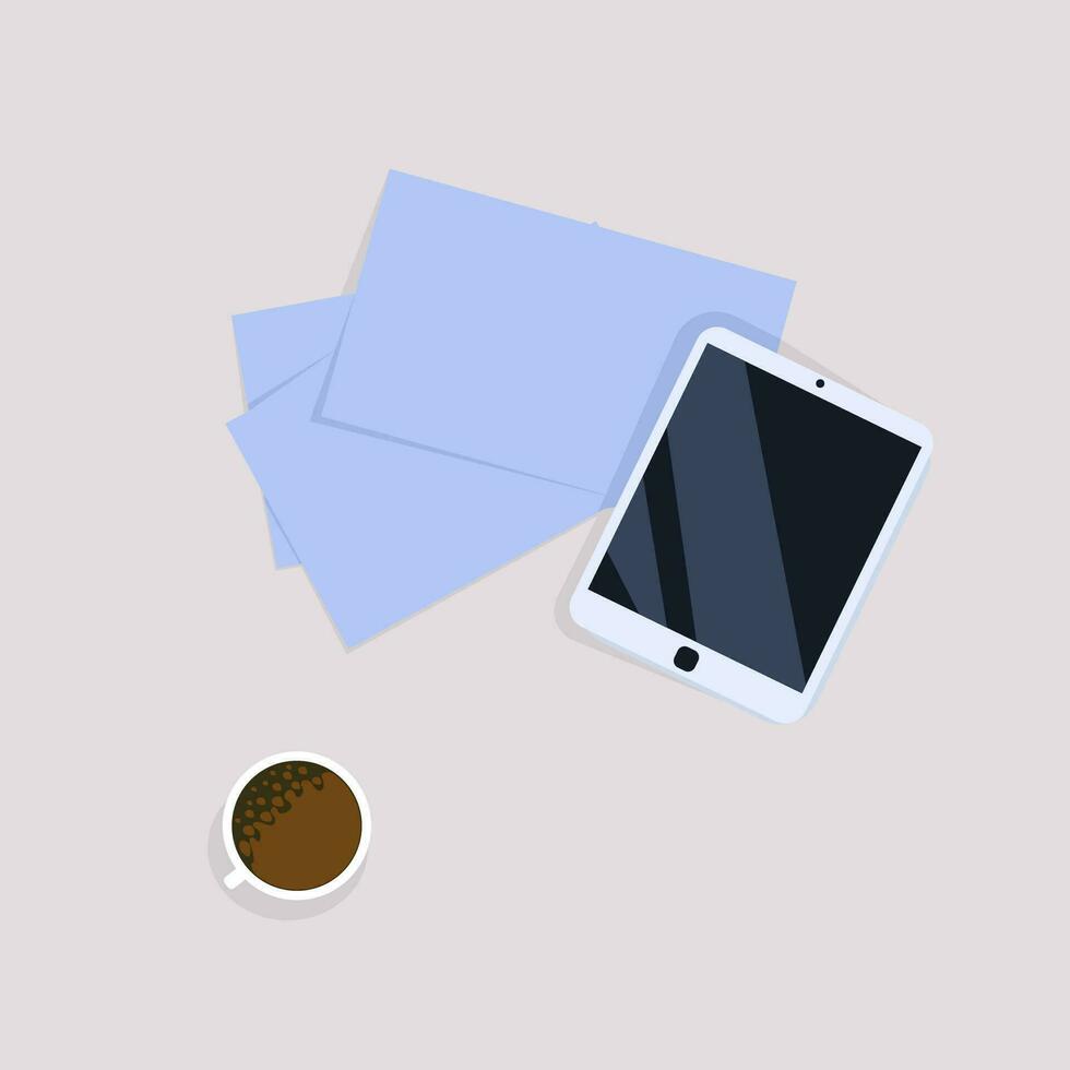 negocio papel con mesa, café, y trabajo esenciales plano vector ilustración