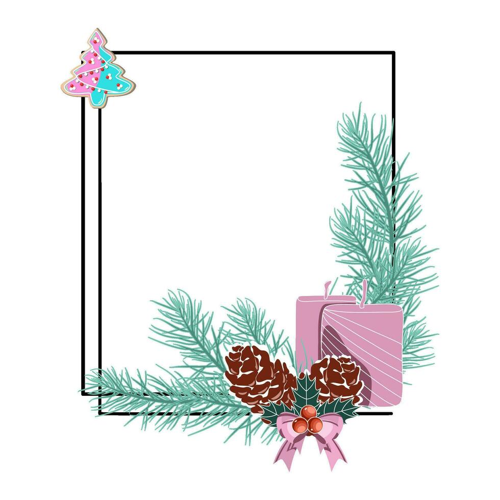 Christmas frame with fir branches, candles, and pine cones vector