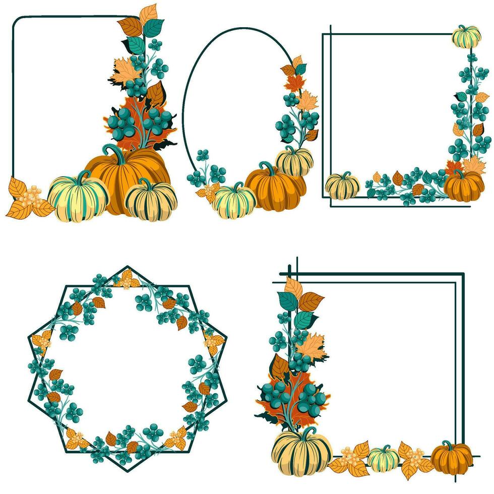 Set of different types of autumn frames with pumpkins, berries, and leaves vector