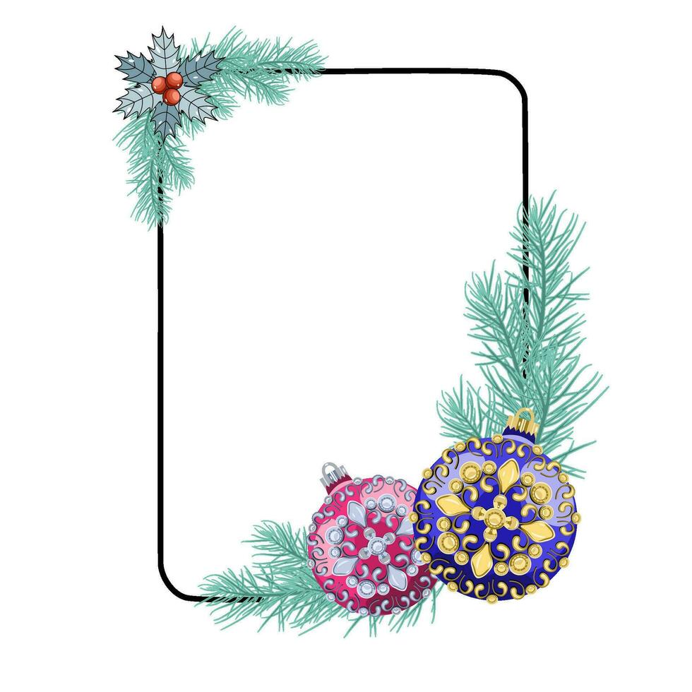 Winter holiday frame with Christmas ornament balls and branches vector