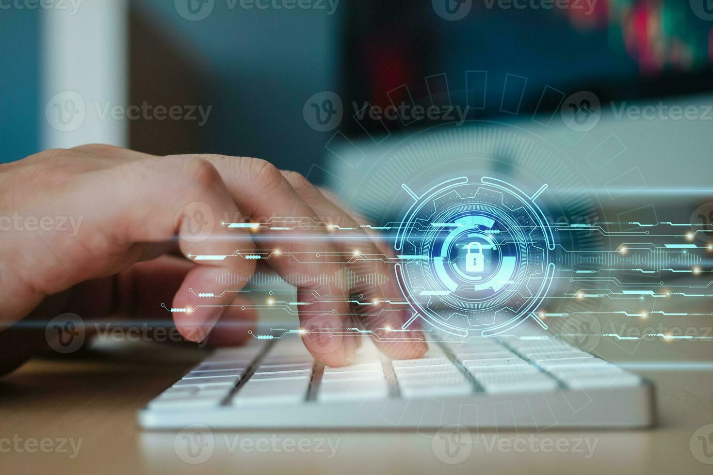 mano de hombre es mecanografía teclado en ordenadores para ciber seguridad proteccion. ciber seguridad concepto, contraseña seguro Internet acceso futuro tecnología, icono pantalla candado foto