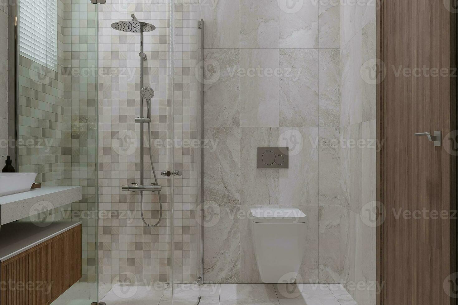 Modern Restroom With Wall Titles, Shower place 3D rendering photo