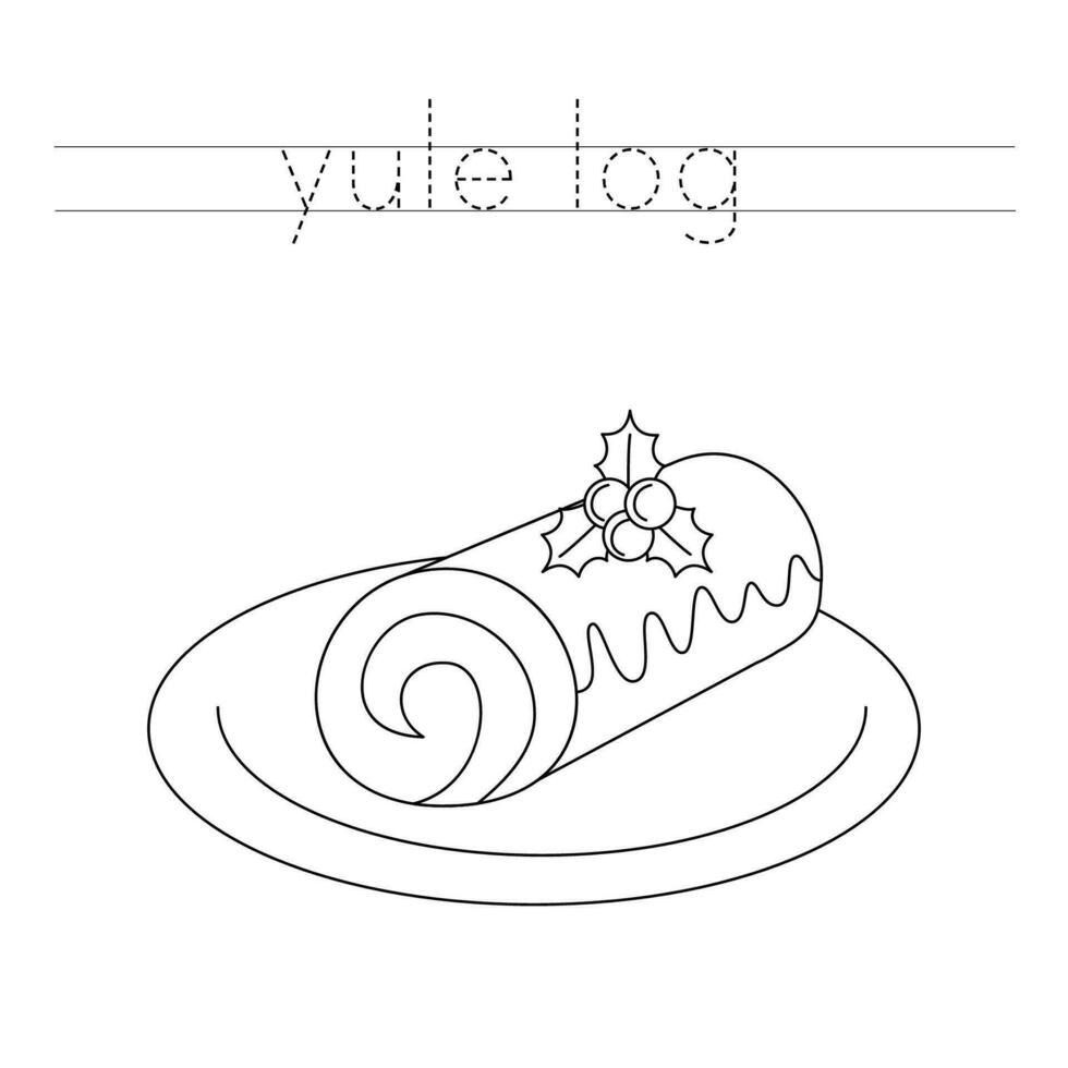 Trace the letters and color cartoon yule log. Handwriting practice for kids. vector