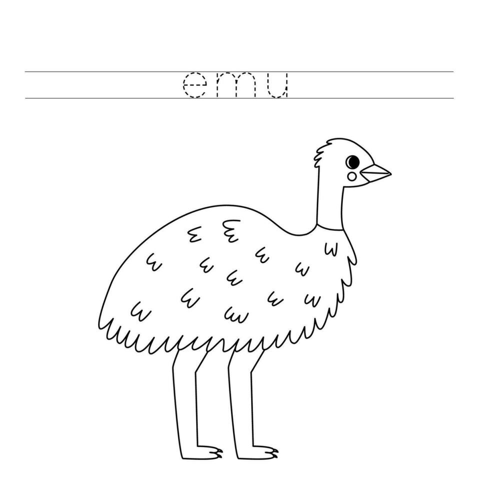 Trace the letters and color cartoon emu. Handwriting practice for kids. vector