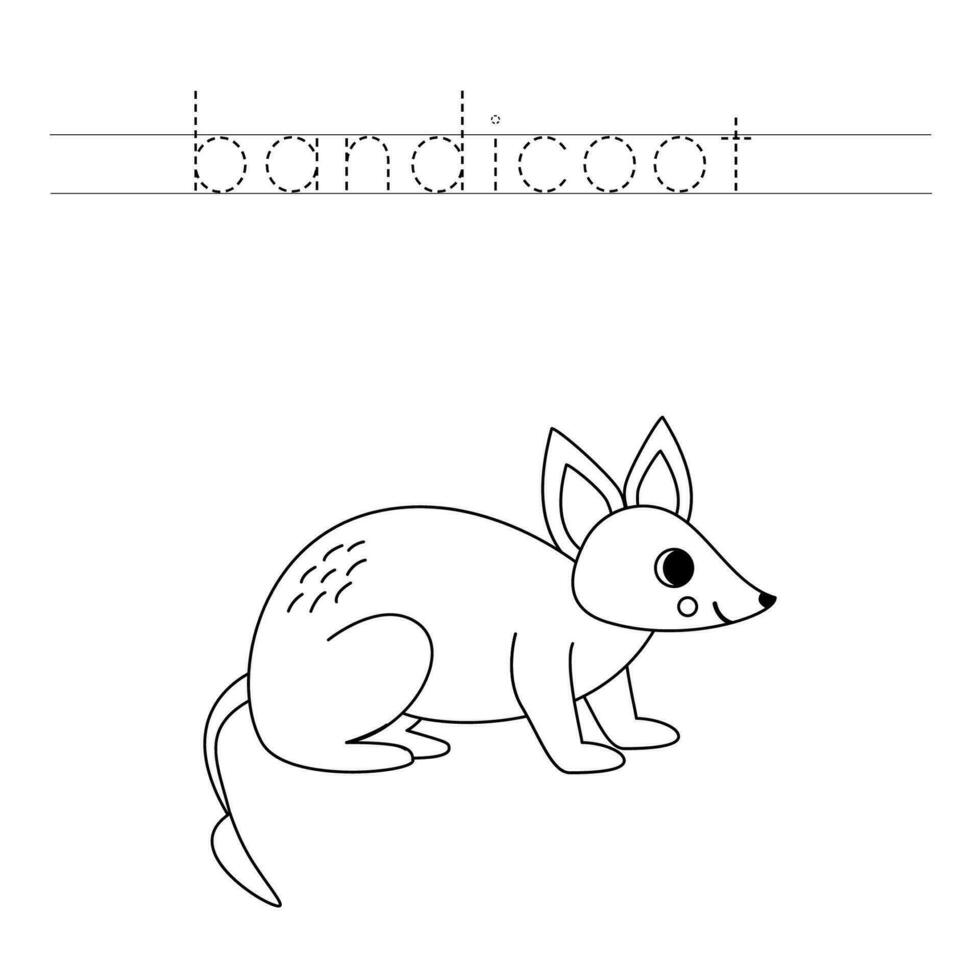 Trace the letters and color cartoon bandicoot. Handwriting practice for kids. vector