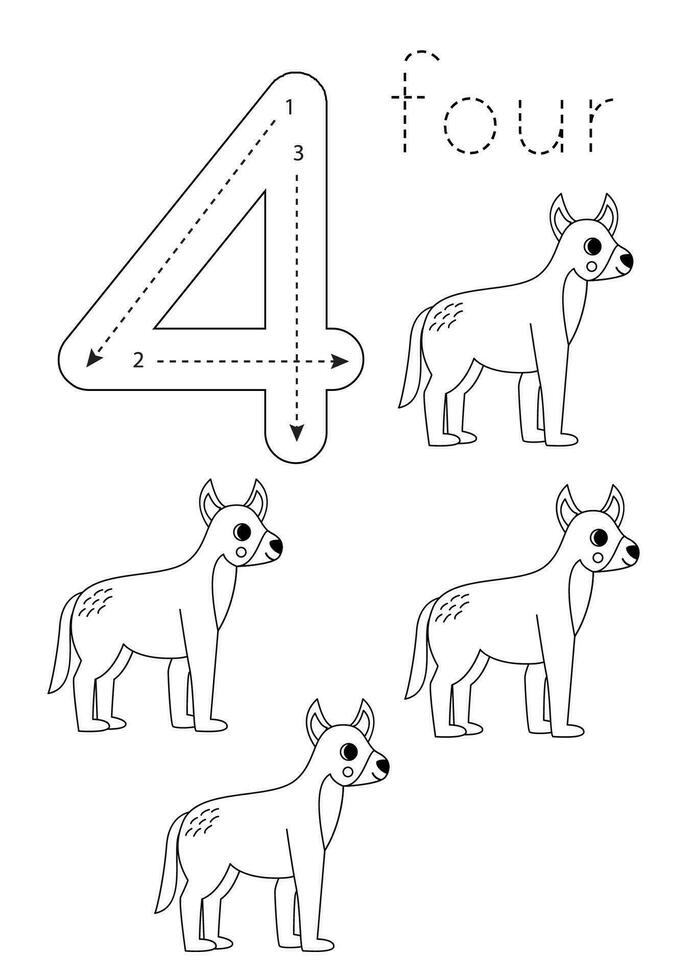 Flashcard number 4. Preschool worksheet. Cute cartoon dingo dog. vector