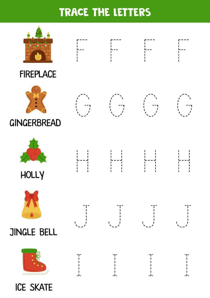 Tracing letters of Christmas alphabet. Writing practice. vector