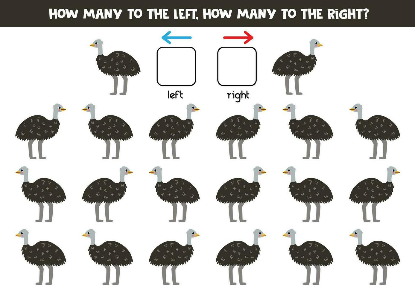 Left or right with cute cartoon emu ostrich. Logical worksheet for preschoolers. vector