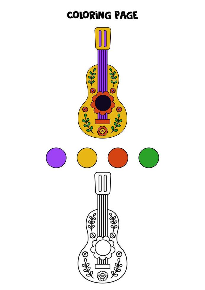 colorante página con mano dibujado mexicano guitarra. hoja de cálculo para niños. vector