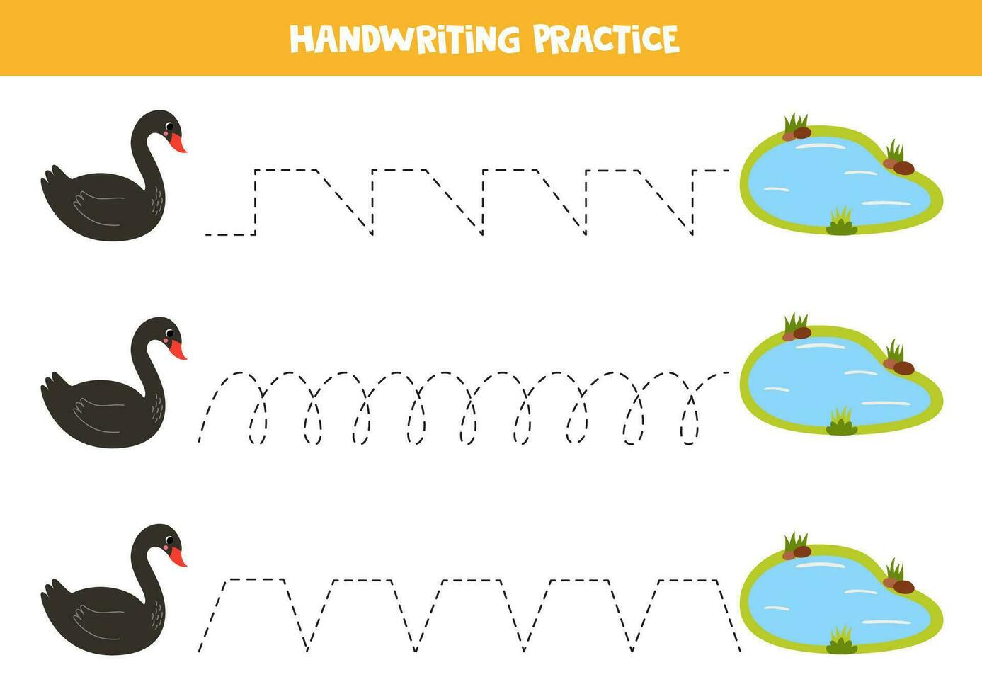 Tracing lines for kids. Black swan and water pond. Handwriting practice. vector