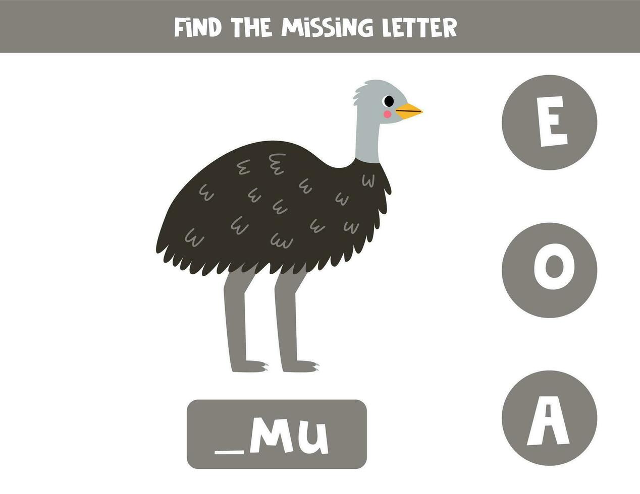 Find missing letter with cartoon emu. Spelling worksheet. vector