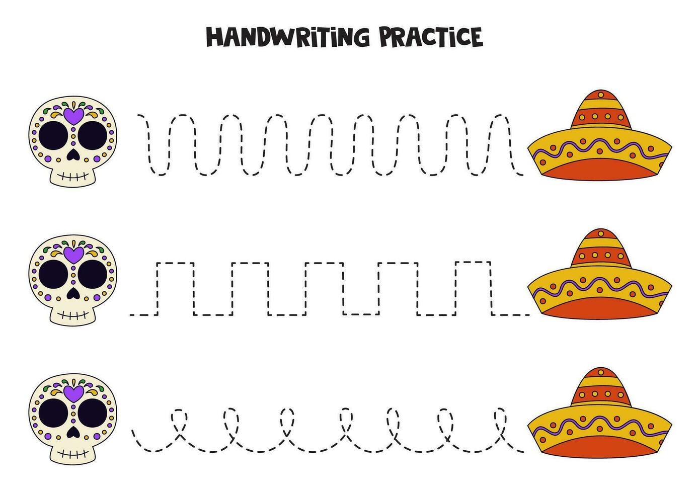 Tracing lines for kids with Mexican hat and skull. Handwriting practice. vector