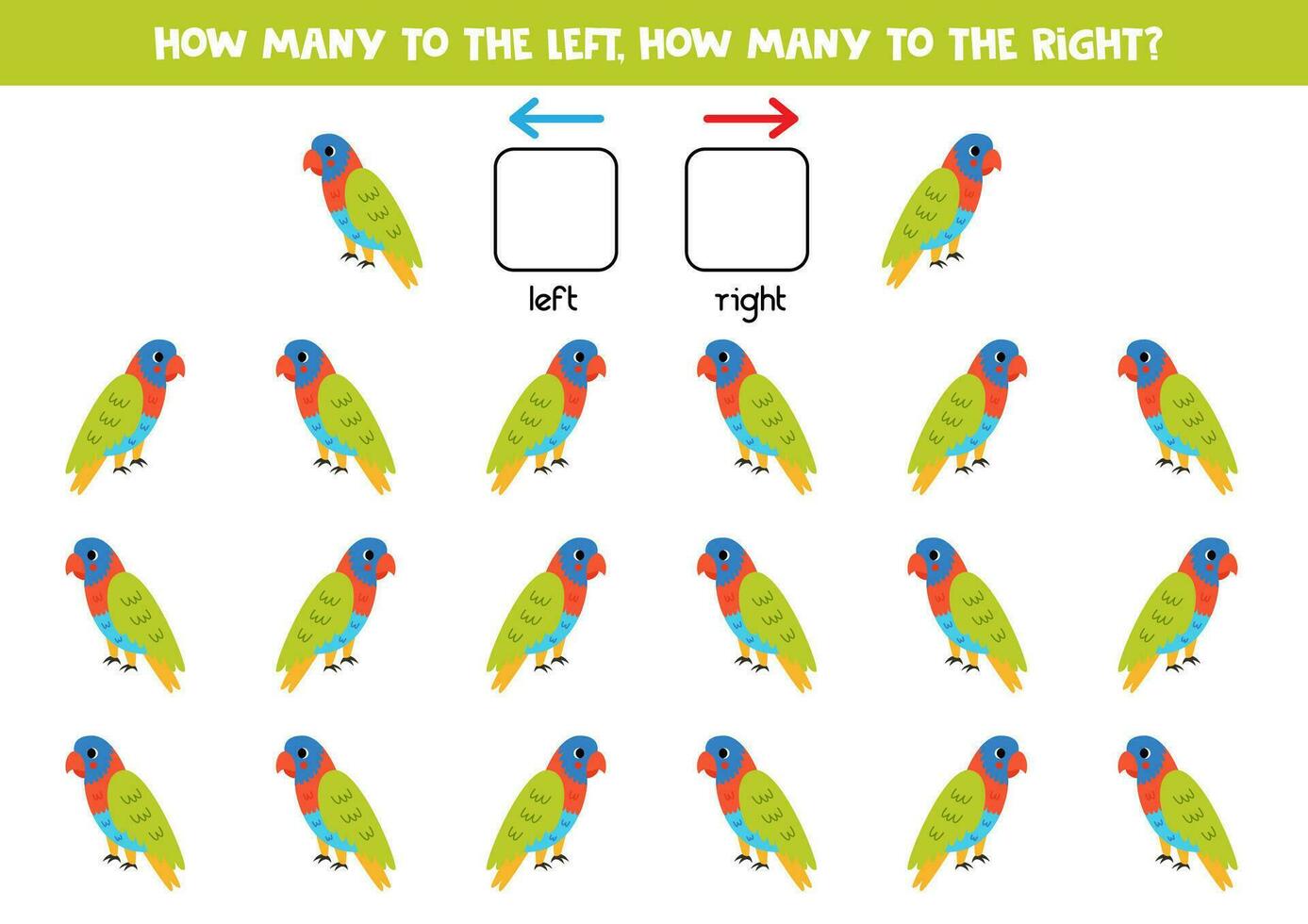 Left or right with cute cartoon rainbow lorikeet. Logical worksheet for preschoolers. vector