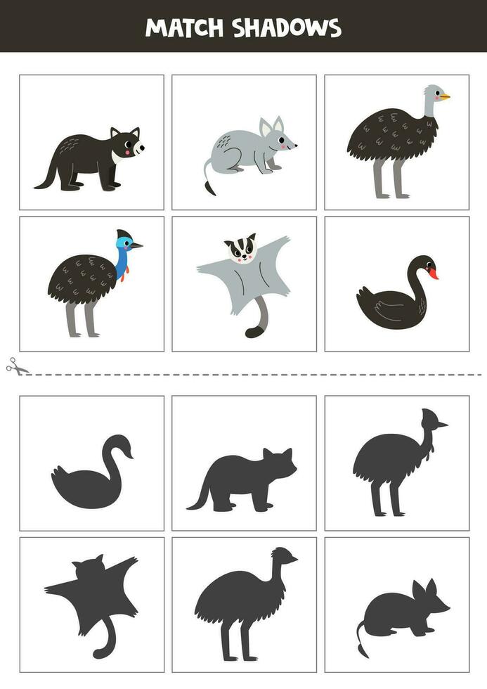 Find shadows of cute Australian animals. Cards for kids. vector