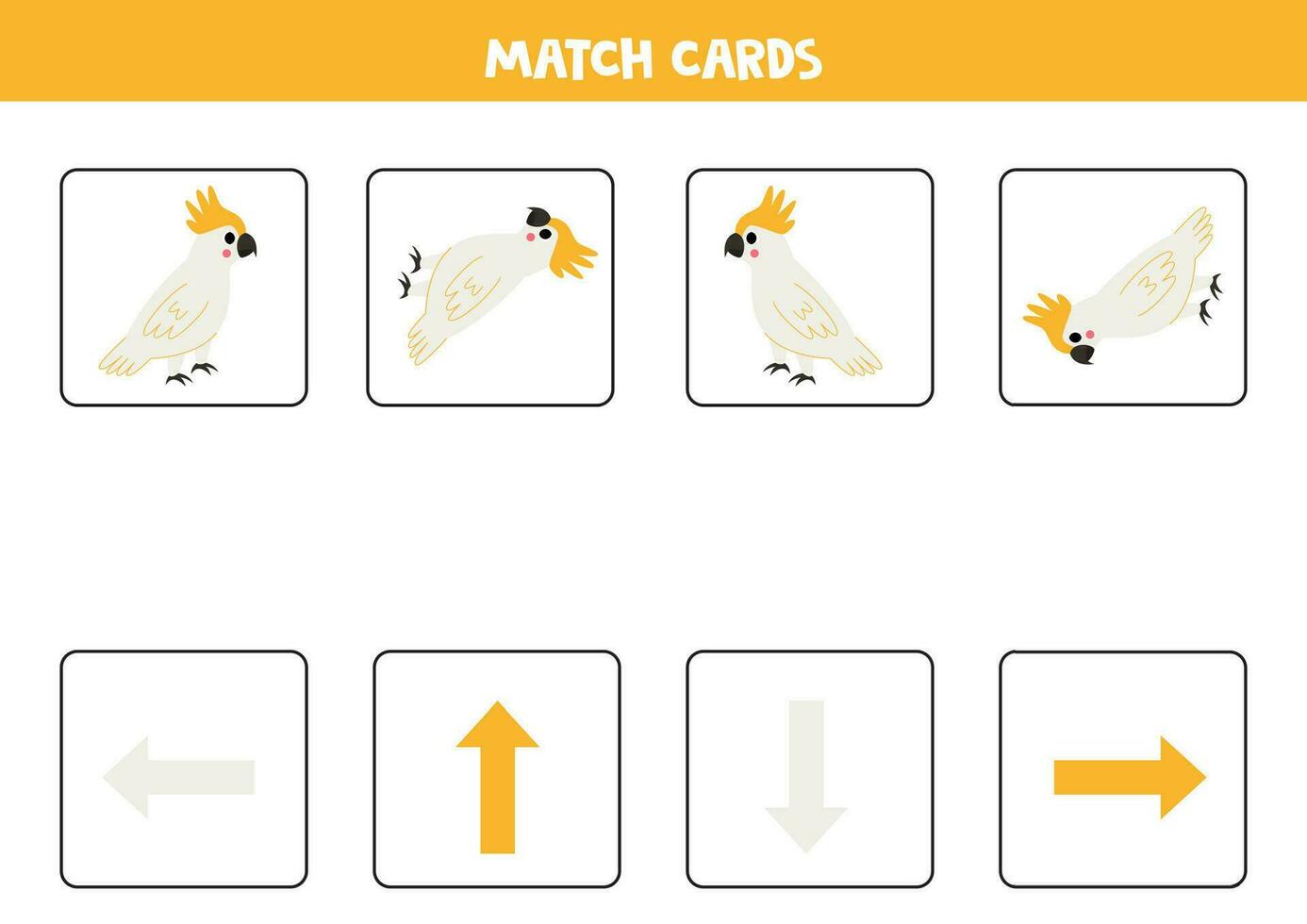 Left, right, up or down. Spatial orientation with cute cockatoo. vector