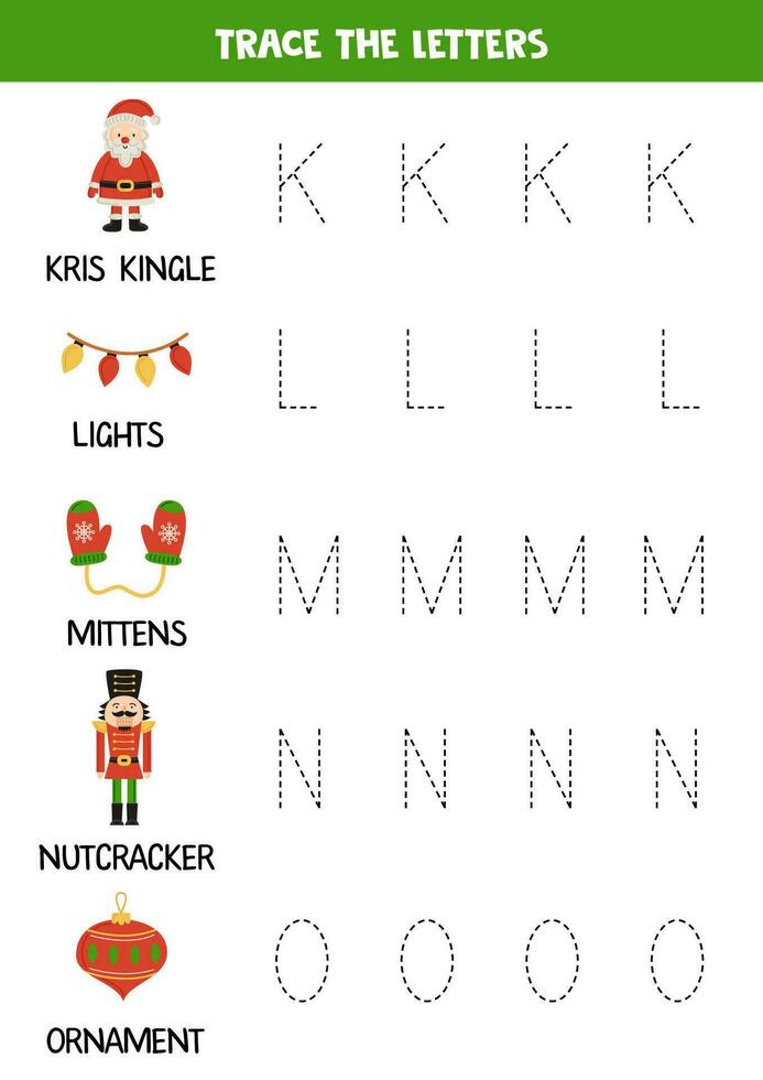 Tracing letters of Christmas alphabet. Writing practice. vector