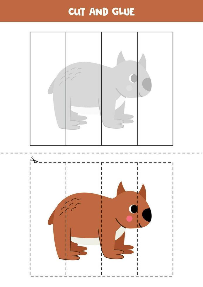 Cut and glue game for kids. Cute cartoon wombat. vector