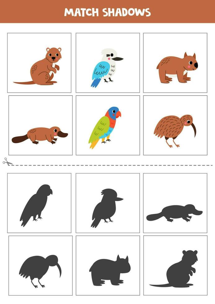 Find shadows of cute Australian animals. Cards for kids. vector