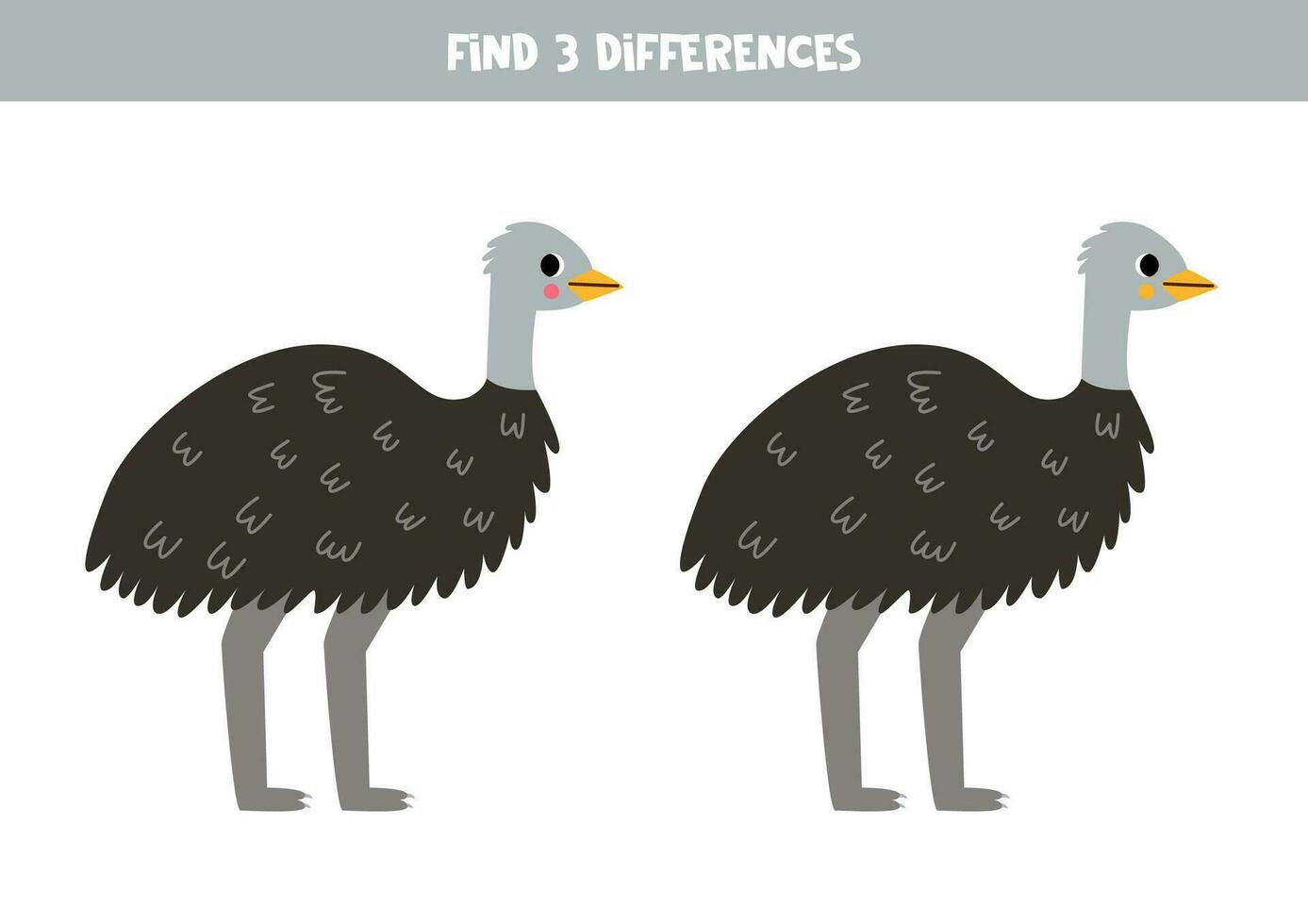 Find 3 differences between two cute cartoon emu ostrich. vector