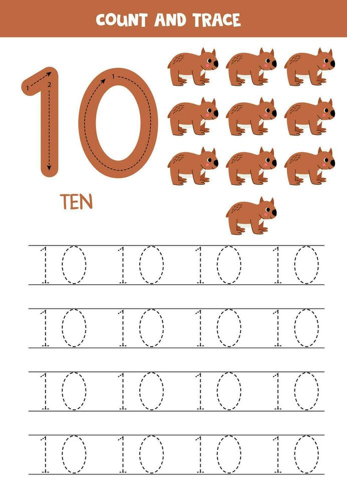 Trace numbers. Number 10 ten. Cute cartoon wombat. vector