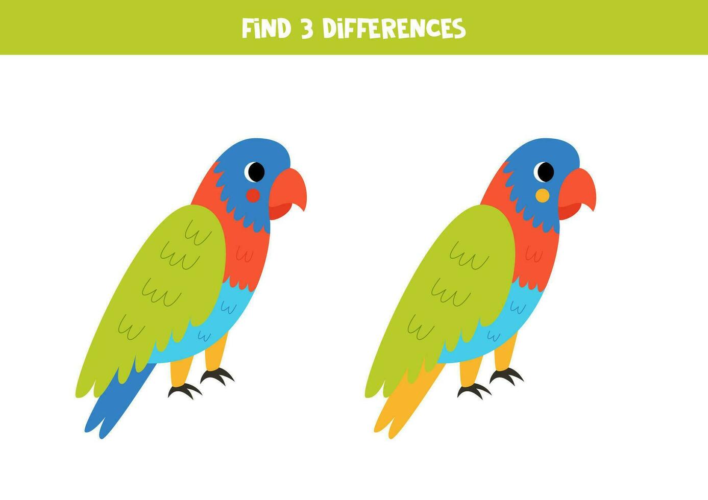 Find three differences between two pictures of cute rainbow lorikeet. Game for kids. vector