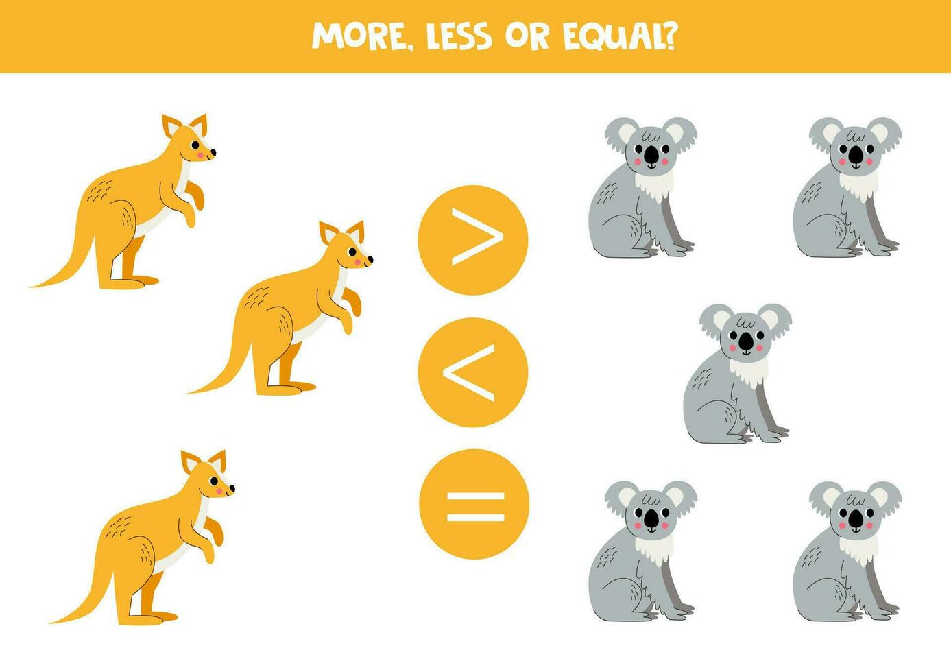More, less or equal with cartoon Australian animals. Kangaroo and koala. vector