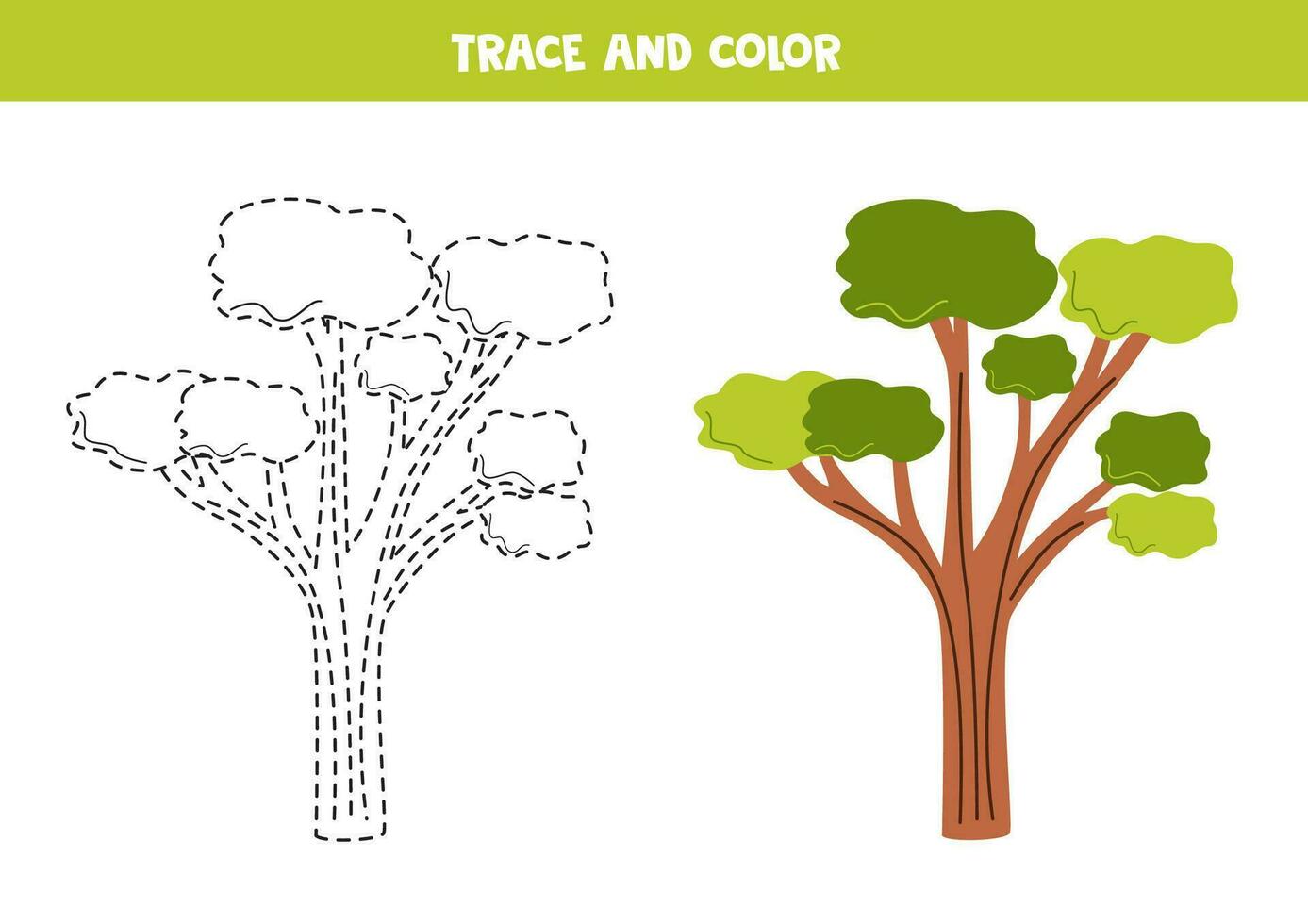 Trace and color cartoon eucalyptus tree. Worksheet for children. vector