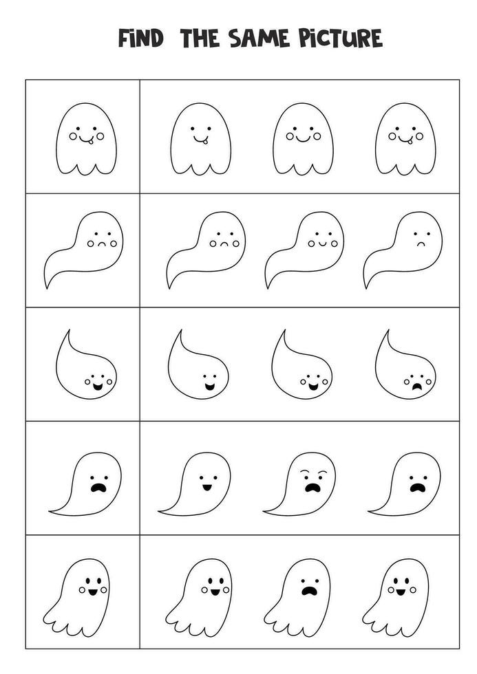 Find two the same Halloween ghost. Black and white worksheet. vector