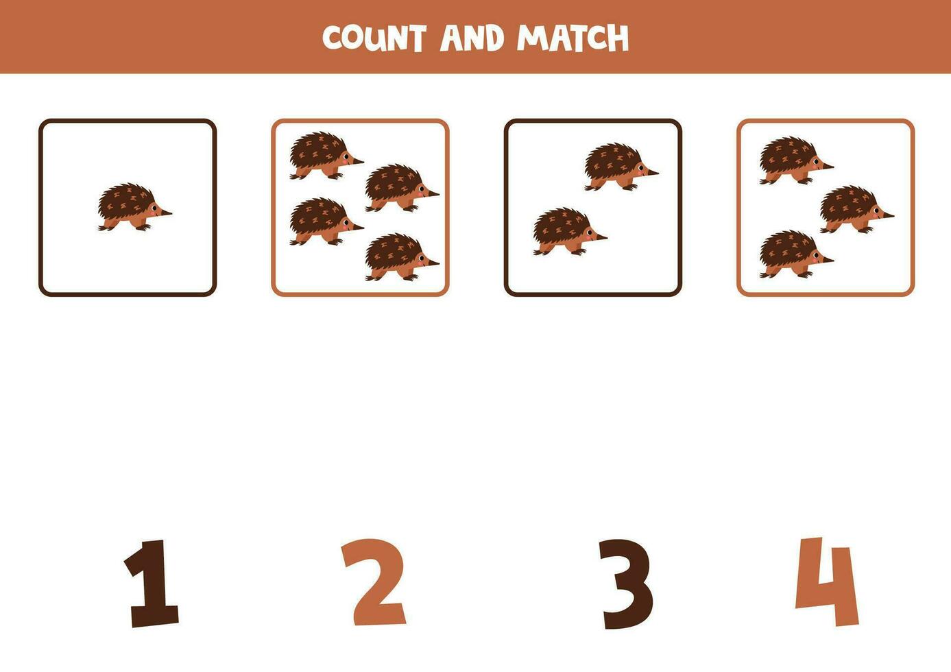 Counting game for kids. Count all echidna and match with numbers. Worksheet for children. vector