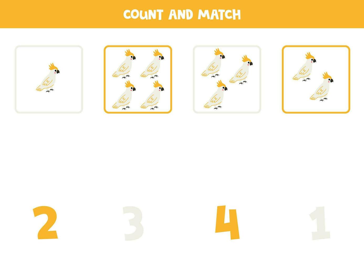 Count all cockatiel birds and match with the correct number. vector