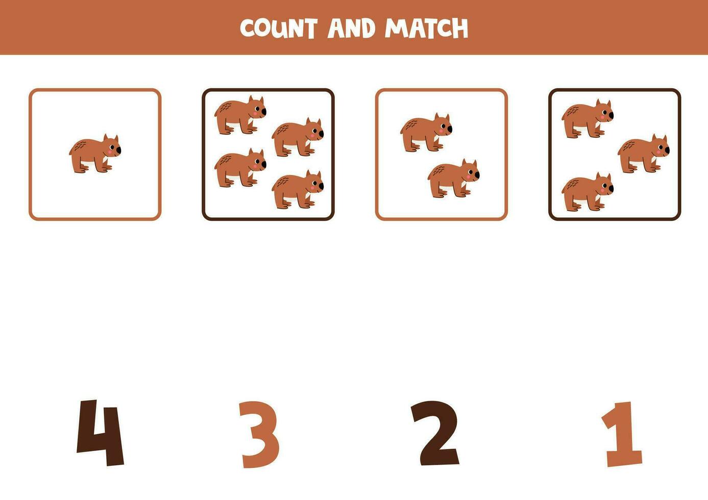 Counting game for kids. Count all wombats and match with numbers. Worksheet for children. vector