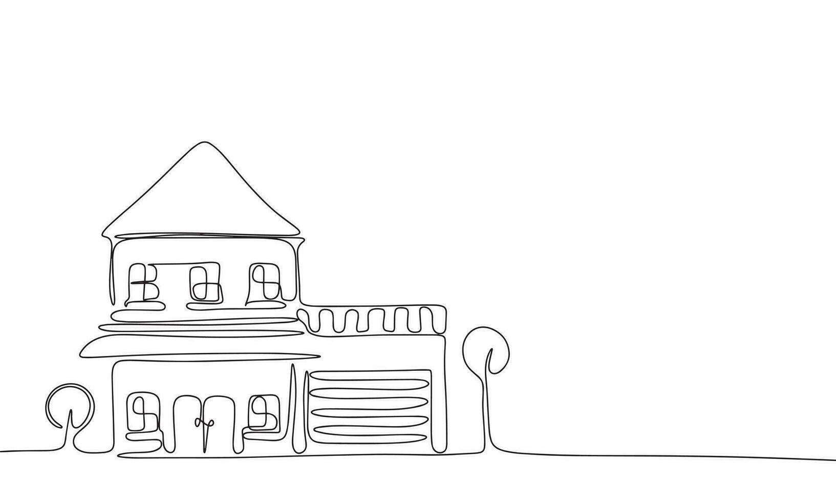 House one line continuous. House with garage line art. Outline home building. Vector illustration.