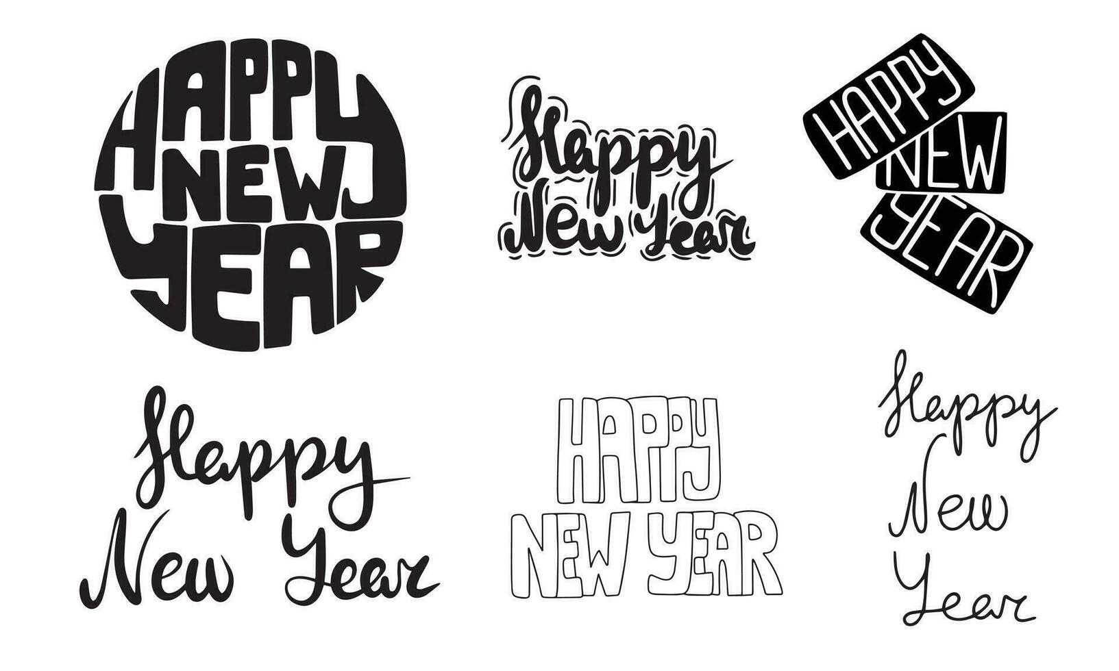 Happy New Year text collection. Hand drawn Happy New Year isolated on white background. Vector illustration