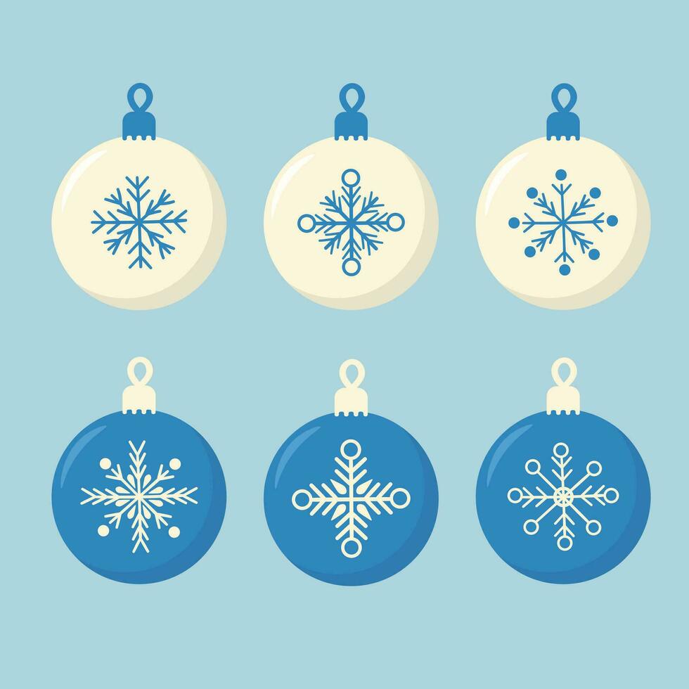 Set of Christmas tree balls in cool colors. Christmas tree decorations with snowflakes. New Year illustration in a flat style vector