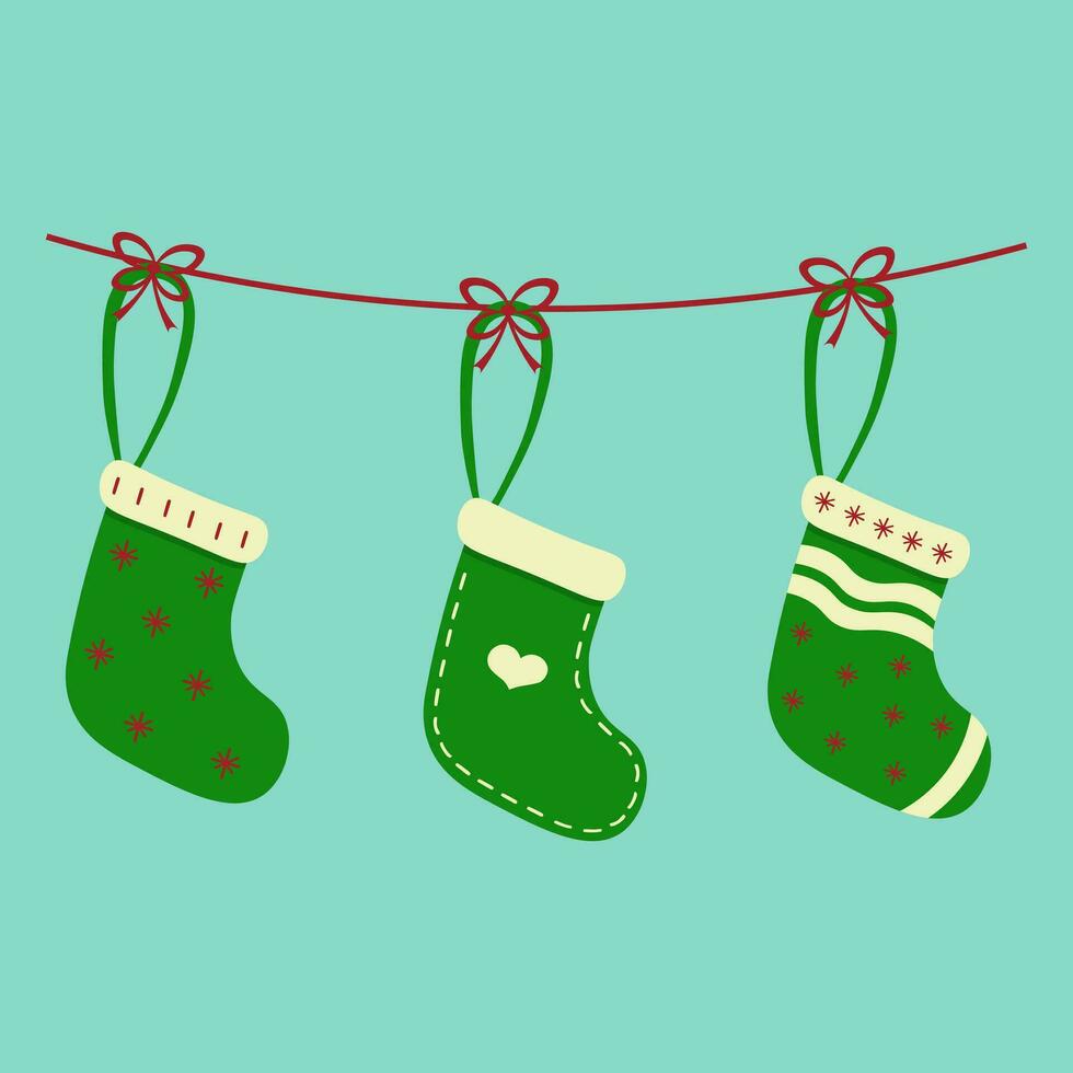 llustration of Christmas stockings on a rope with a bow. New Year's surprises in socks vector