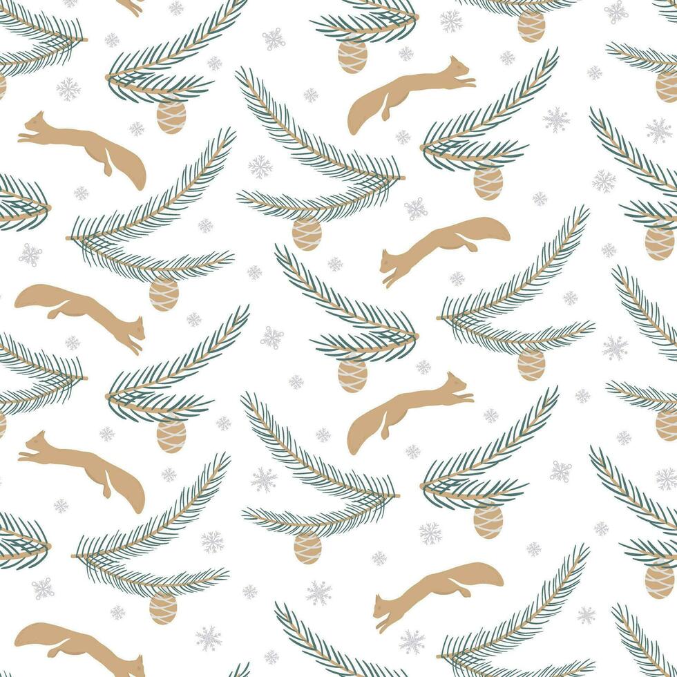 Christmas pattern with a squirrel, snowflakes, spruce branches and cones. New Year's illustration in a flat style vector