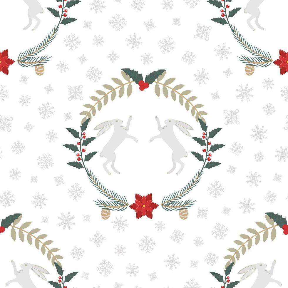 Christmas pattern with a rabbit, holly, spruce branches, poinsettia, snowflakes and berries. New Year pattern vector