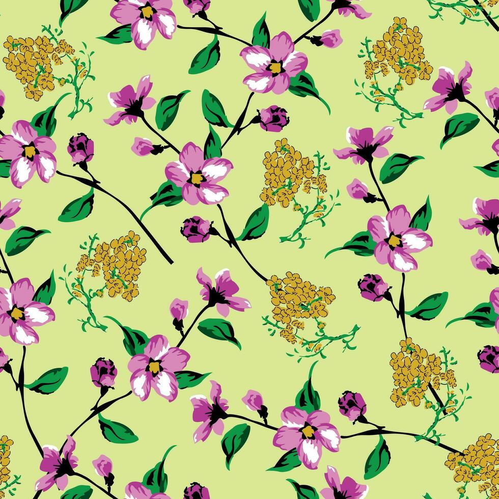 Floral seamless pattern with flowers and leaves on yellow background vector illustration