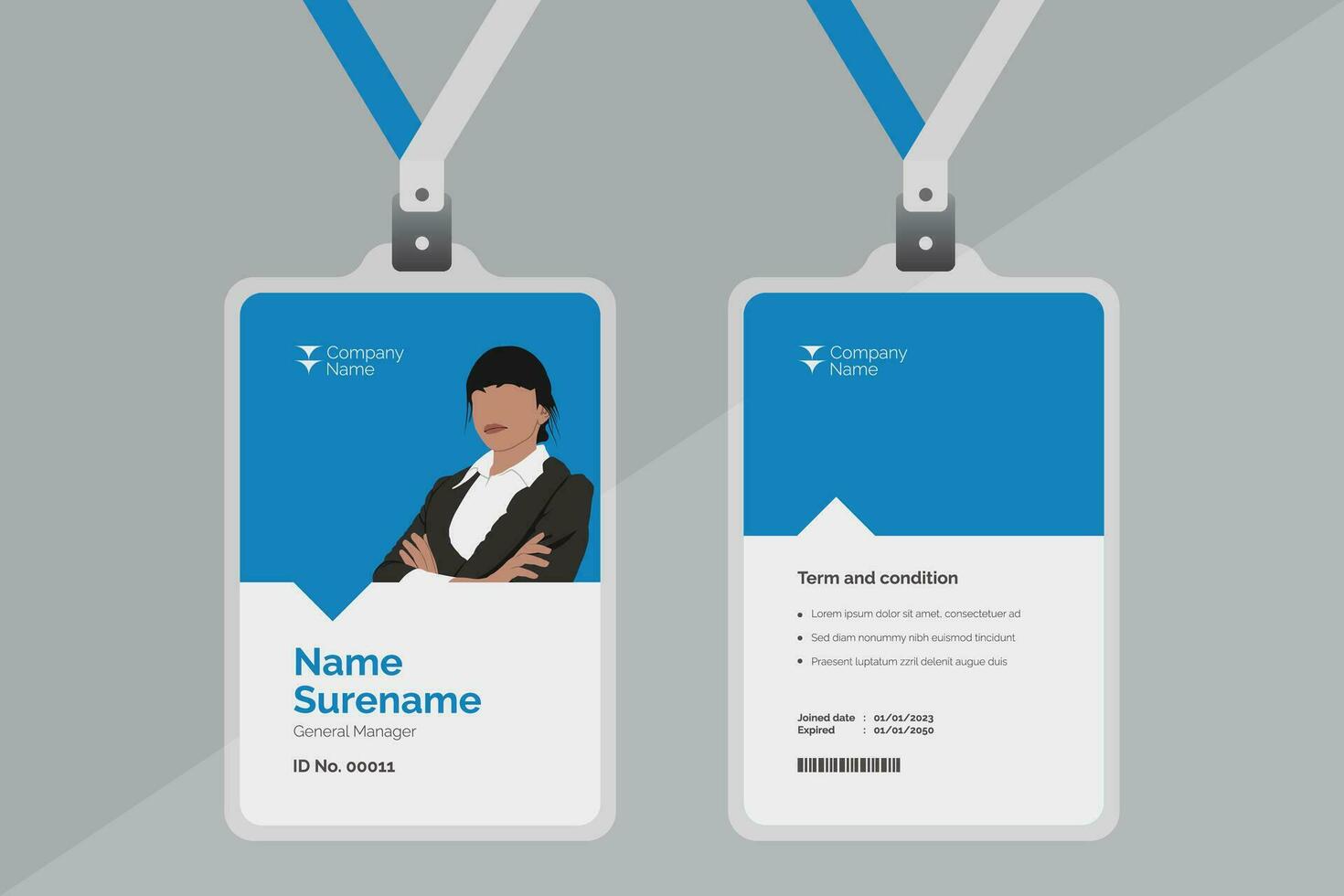 blue corporate id card template, clean id card design with realistic lanyard mockup vector