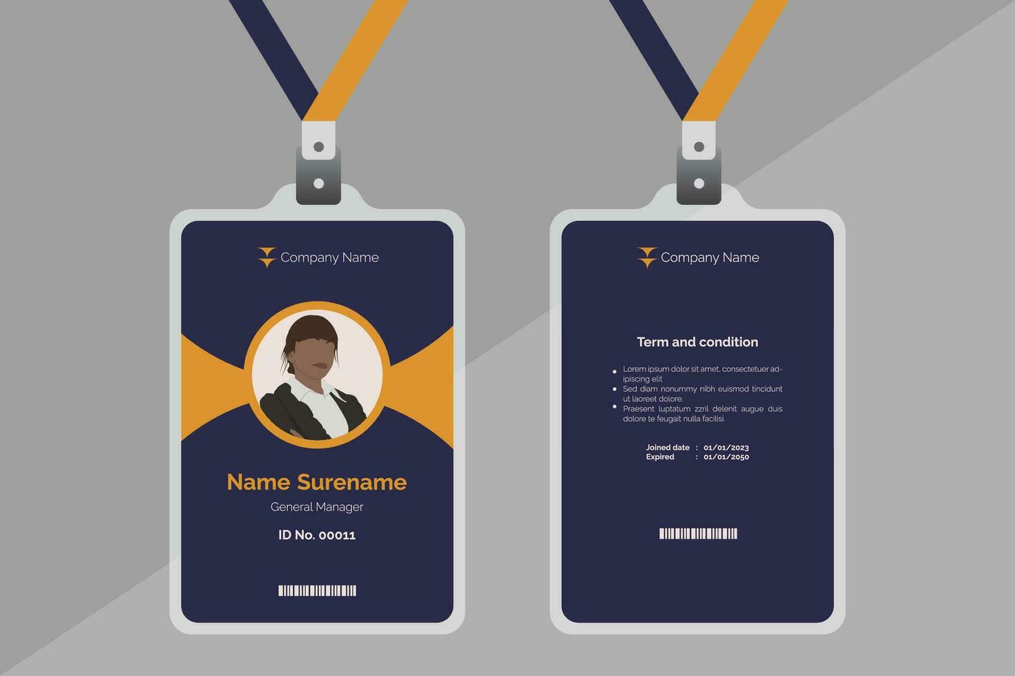 blue corporate id card template, clean id card design with realistic lanyard mockup vector