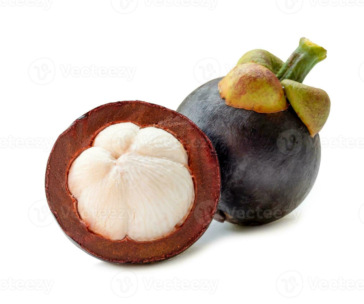 Single delicious fresh mangosteen with half isolated on white background with clipping path photo