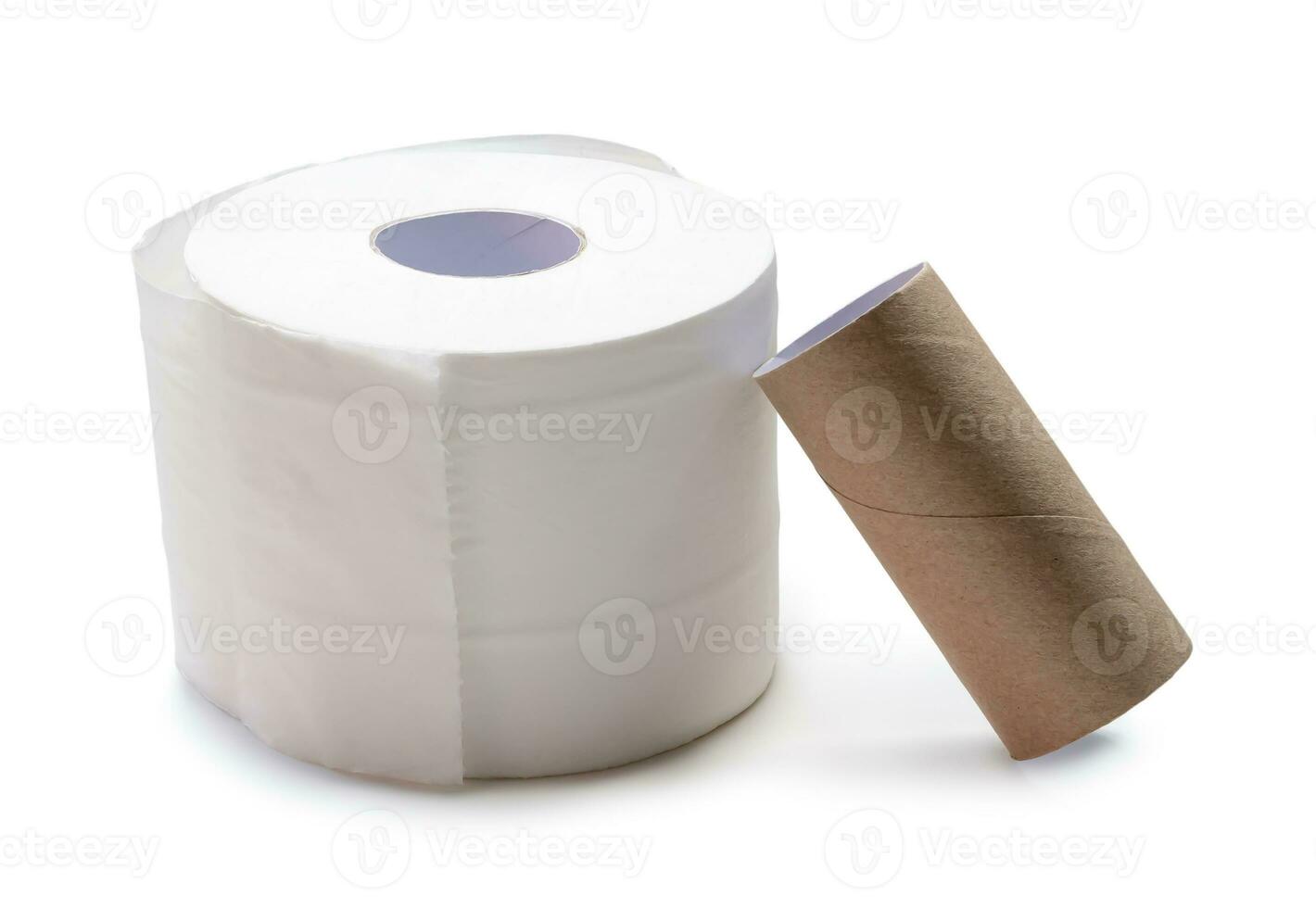 Single roll of white tissue paper or napkin with core prepared for use in toilet or restroom isolated on white background with clipping path photo