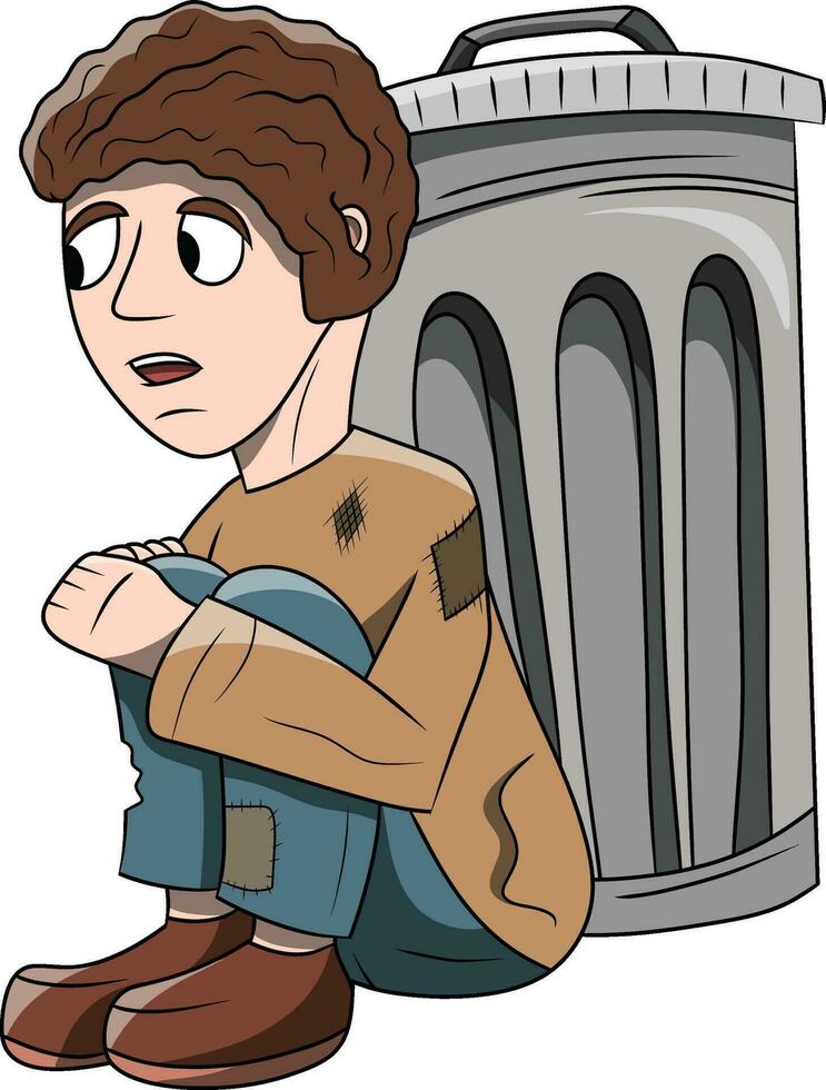 Hand drawn Poor and Homeless Boy Sitting Near Trash vector