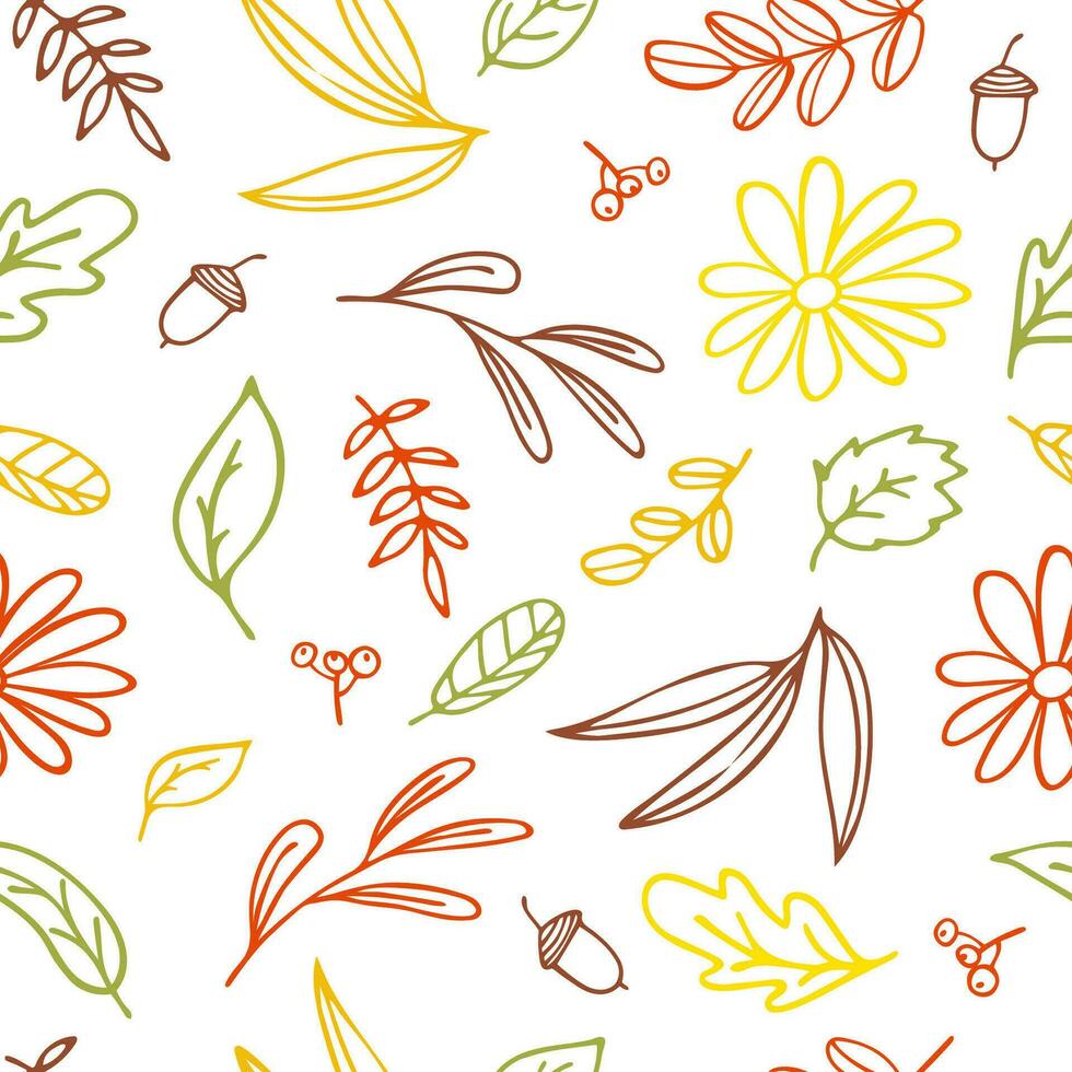 seamless pattern with colored leaves in doodle style vector