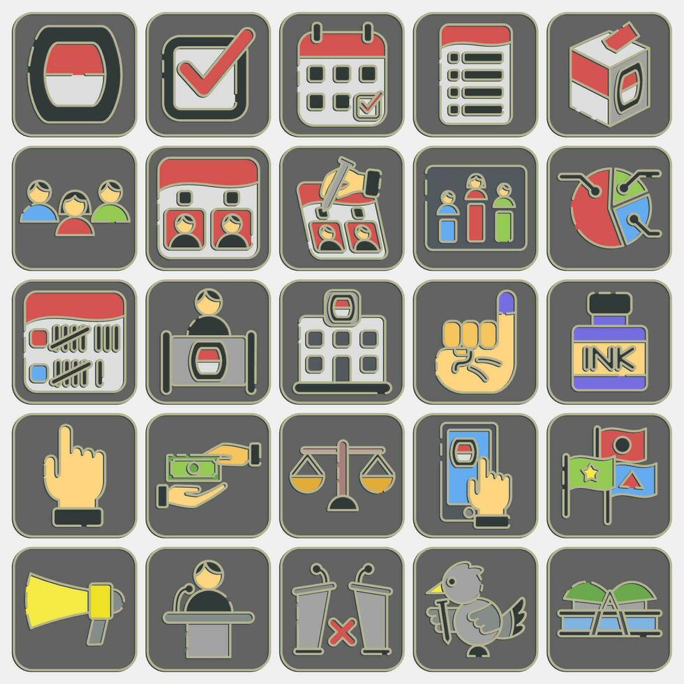 Icon set of general election. Indonesian general election elements. Icons in embossed style. Good for prints, posters, infographics, etc. vector