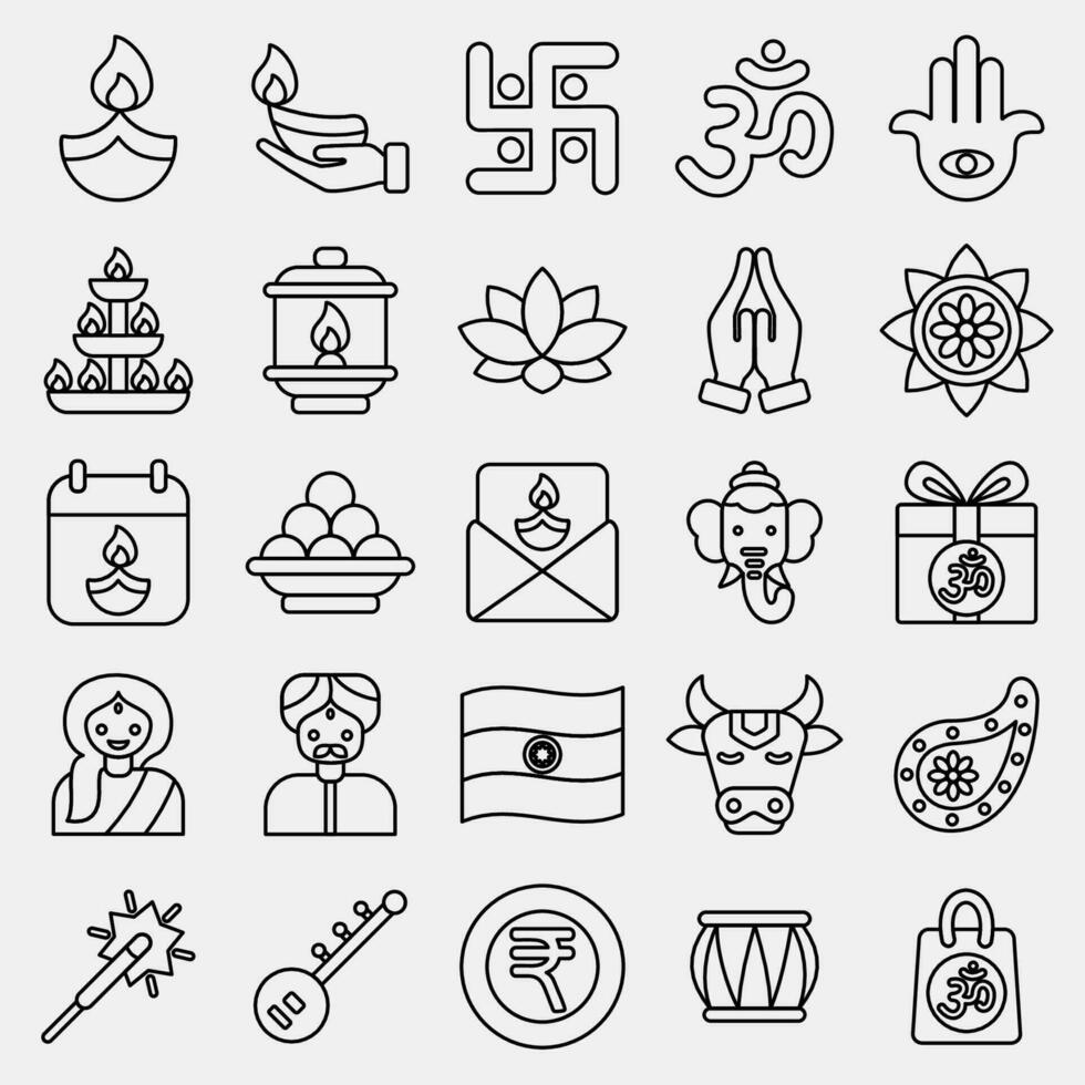 icono conjunto de día de la independencia diwali celebracion elementos. íconos en línea estilo. bueno para huellas dactilares, carteles, logo, decoración, infografía, etc. vector